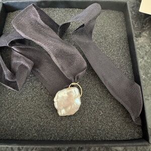 Catbird x RMS iridescent keshi pearl charm in black silk ribbon